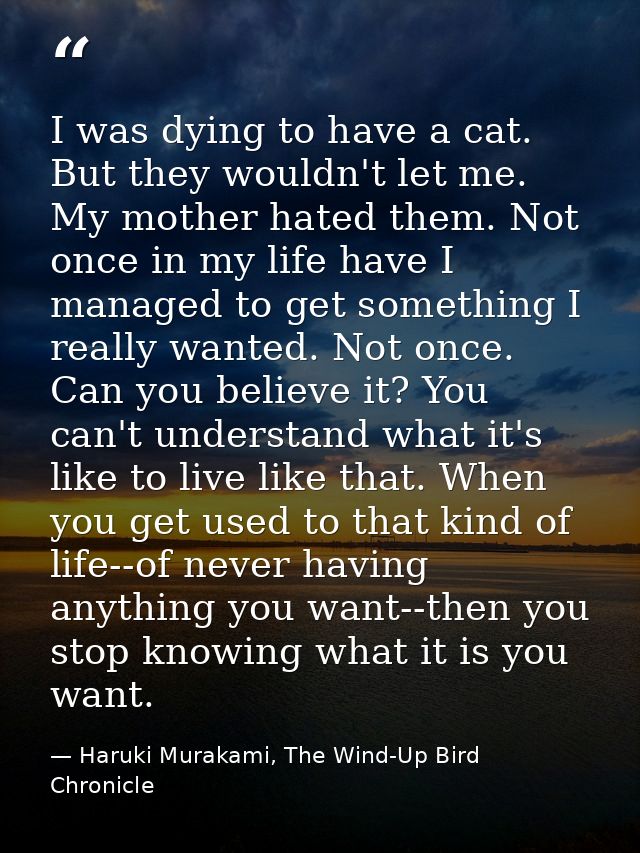 I was dying to have a cat. But they wouldn't let me. My mother hated them. Not once in my life have I managed to get som — Haruki Murakami, The Wind-Up Bird Chronicle