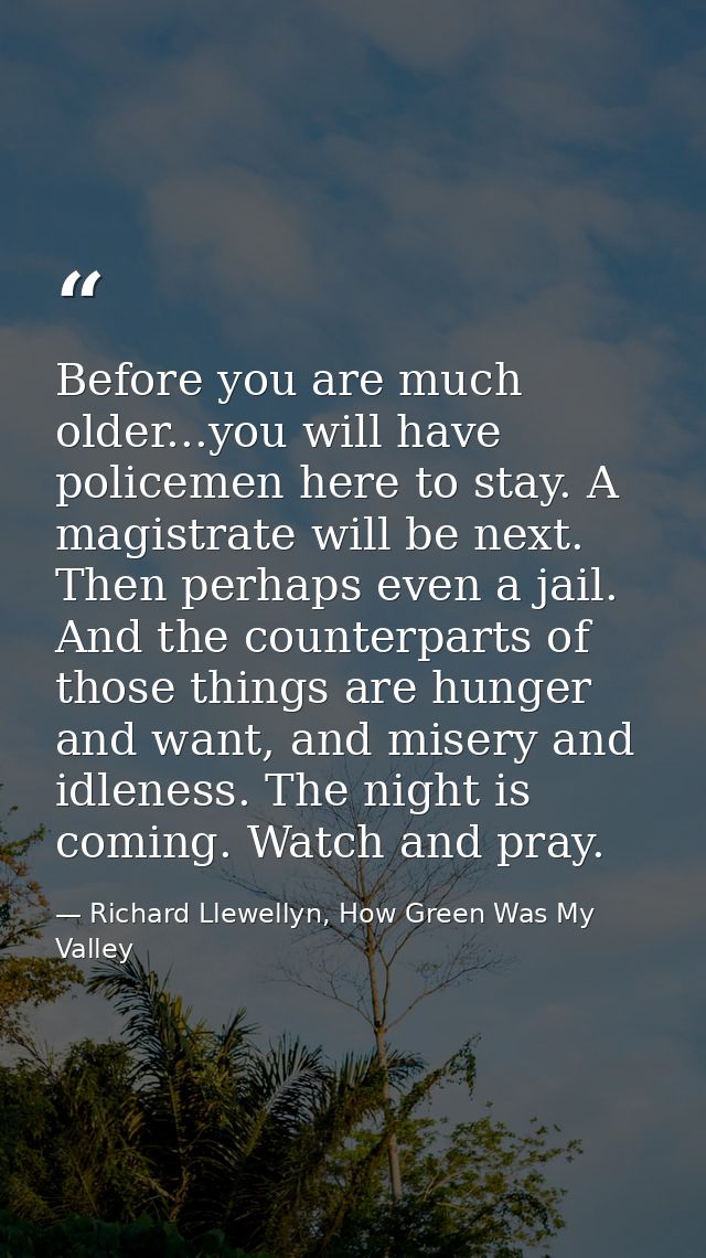 Before you are much older...you will have policemen here to stay. A magistrate will be next. Then perhaps even a jail. A — Richard Llewellyn, How Green Was My Valley