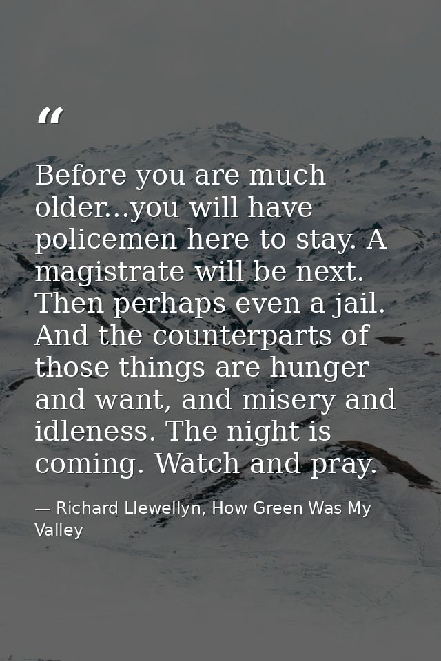 Before you are much older...you will have policemen here to stay. A magistrate will be next. Then perhaps even a jail. A — Richard Llewellyn, How Green Was My Valley