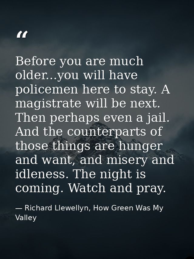 Before you are much older...you will have policemen here to stay. A magistrate will be next. Then perhaps even a jail. A — Richard Llewellyn, How Green Was My Valley