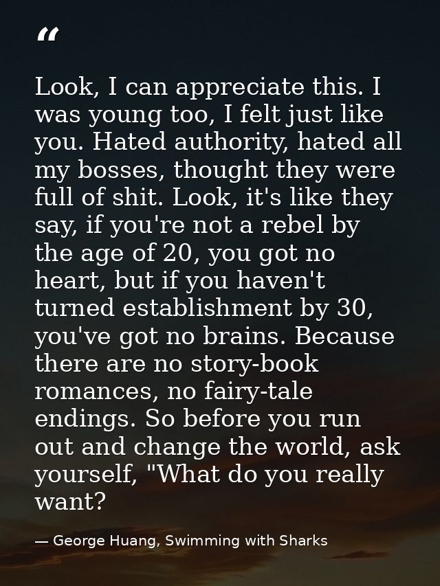 Look, I can appreciate this. I was young too, I felt just like you. Hated authority, hated all my bosses, thought they w — George Huang, Swimming with Sharks