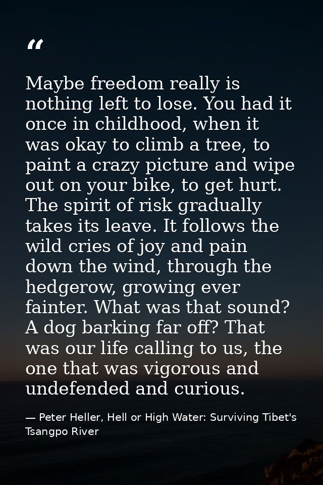 Maybe freedom really is nothing left to lose. You had it once in childhood, when it was okay to climb a tree, to paint a — Peter Heller, Hell or High Water: Surviving Tibet's Tsangpo River