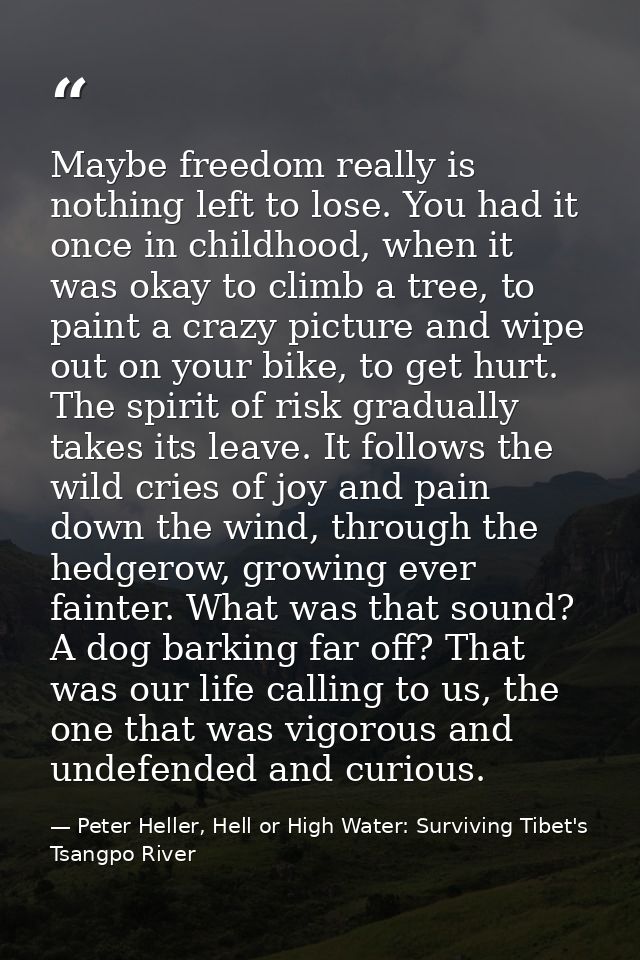 Maybe freedom really is nothing left to lose. You had it once in childhood, when it was okay to climb a tree, to paint a — Peter Heller, Hell or High Water: Surviving Tibet's Tsangpo River