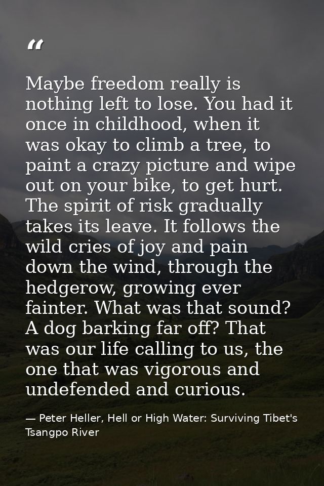 Maybe freedom really is nothing left to lose. You had it once in childhood, when it was okay to climb a tree, to paint a — Peter Heller, Hell or High Water: Surviving Tibet's Tsangpo River