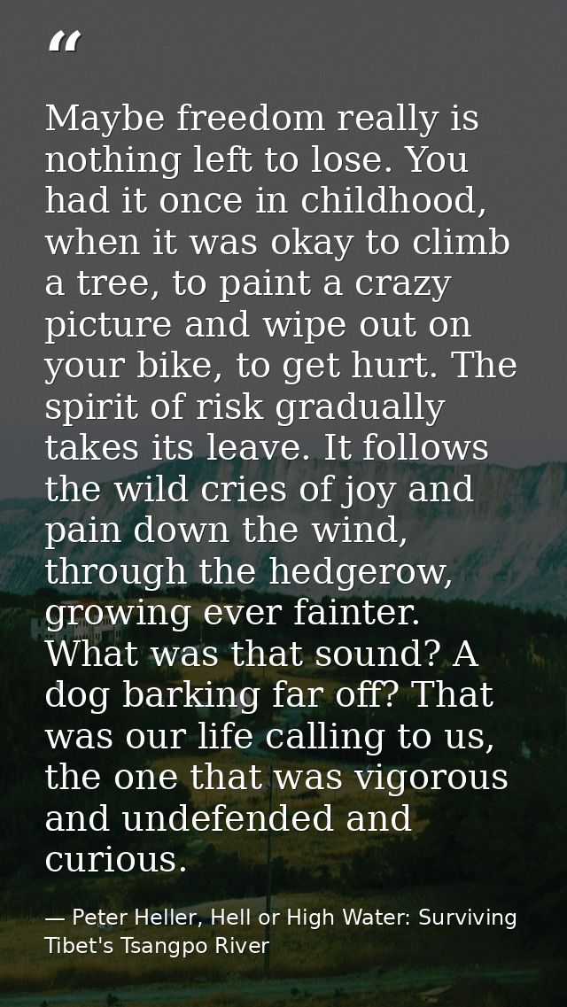 Maybe freedom really is nothing left to lose. You had it once in childhood, when it was okay to climb a tree, to paint a — Peter Heller, Hell or High Water: Surviving Tibet's Tsangpo River