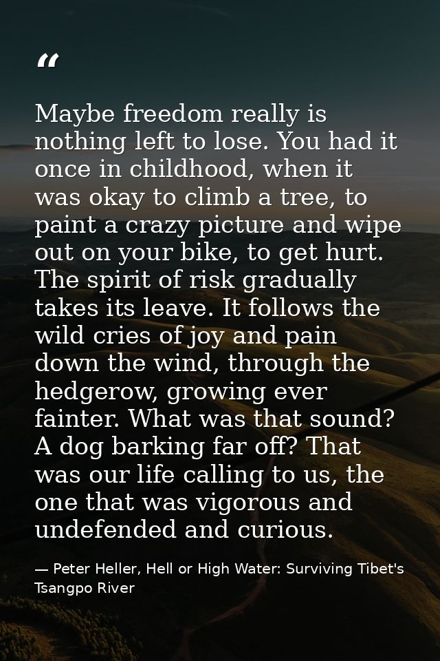 Maybe freedom really is nothing left to lose. You had it once in childhood, when it was okay to climb a tree, to paint a — Peter Heller, Hell or High Water: Surviving Tibet's Tsangpo River