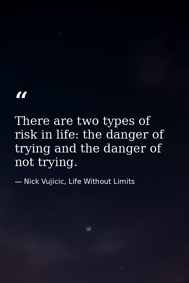 There are two types of risk in life: the danger of trying and the danger of not trying. — Nick Vujicic, Life Without Limits