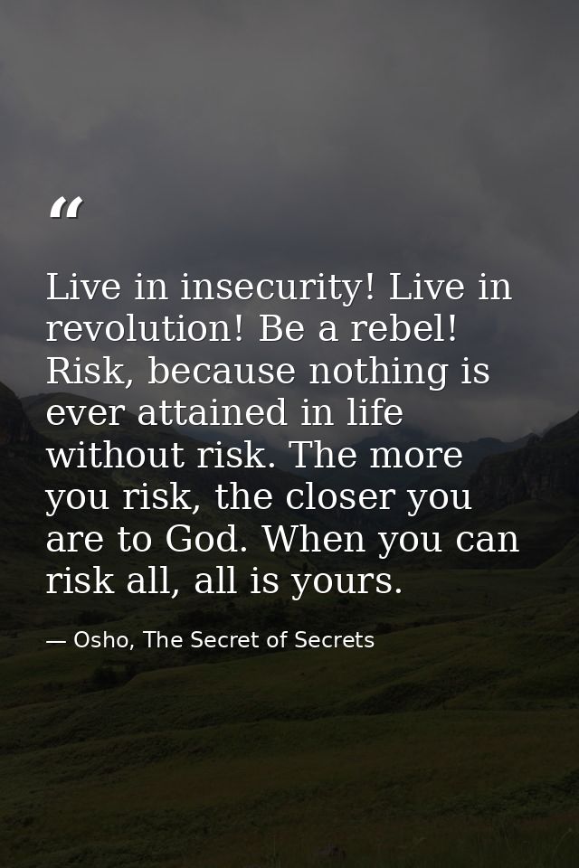 Live in insecurity! Live in revolution! Be a rebel! Risk, because nothing is ever attained in life without risk. The mor — Osho, The Secret of Secrets