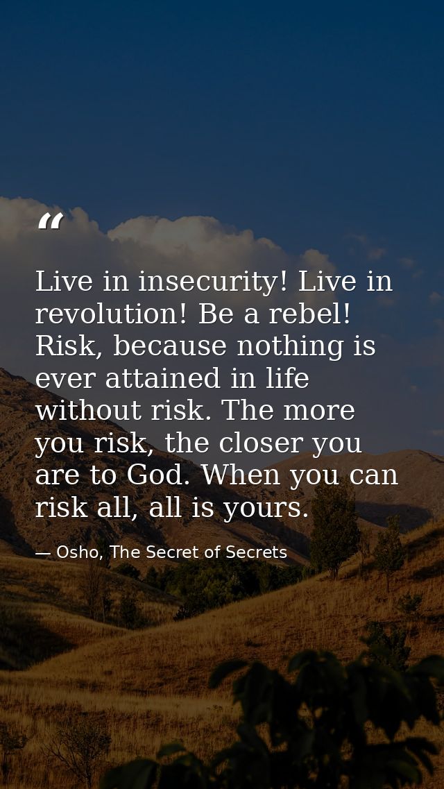 Live in insecurity! Live in revolution! Be a rebel! Risk, because nothing is ever attained in life without risk. The mor — Osho, The Secret of Secrets