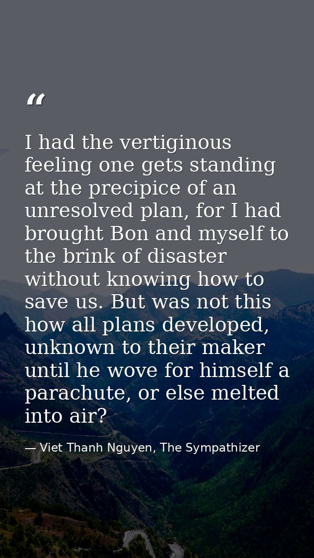 I had the vertiginous feeling one gets standing at the precipice of an unresolved plan, for I had brought Bon and myself — Viet Thanh Nguyen, The Sympathizer