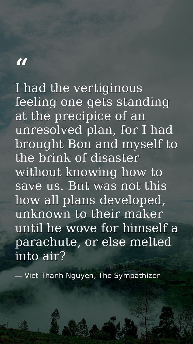 I had the vertiginous feeling one gets standing at the precipice of an unresolved plan, for I had brought Bon and myself — Viet Thanh Nguyen, The Sympathizer