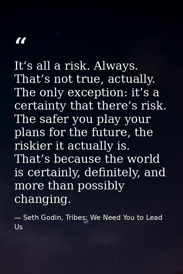 It’s all a risk. Always. That’s not true, actually. The only exception: it’s a certainty that there’s risk. The safer yo — Seth Godin, Tribes: We Need You to Lead Us