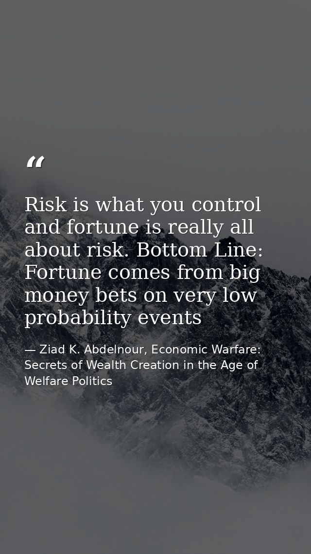 Risk is what you control and fortune is really all about risk. Bottom Line: Fortune comes from big money bets on very lo — Ziad K. Abdelnour, Economic Warfare: Secrets of Wealth Creation in the Age of Welfare Politics
