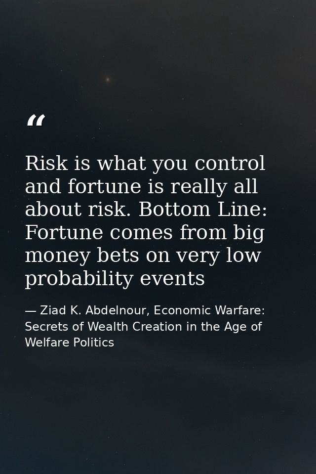 Risk is what you control and fortune is really all about risk. Bottom Line: Fortune comes from big money bets on very lo — Ziad K. Abdelnour, Economic Warfare: Secrets of Wealth Creation in the Age of Welfare Politics