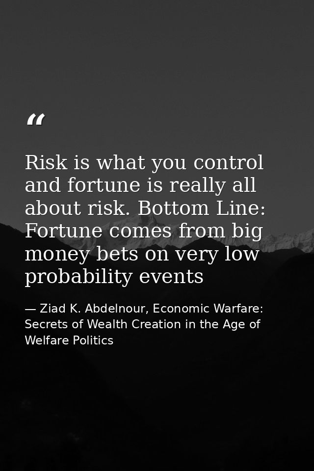 Risk is what you control and fortune is really all about risk. Bottom Line: Fortune comes from big money bets on very lo — Ziad K. Abdelnour, Economic Warfare: Secrets of Wealth Creation in the Age of Welfare Politics