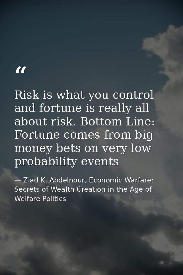 Risk is what you control and fortune is really all about risk. Bottom Line: Fortune comes from big money bets on very lo — Ziad K. Abdelnour, Economic Warfare: Secrets of Wealth Creation in the Age of Welfare Politics