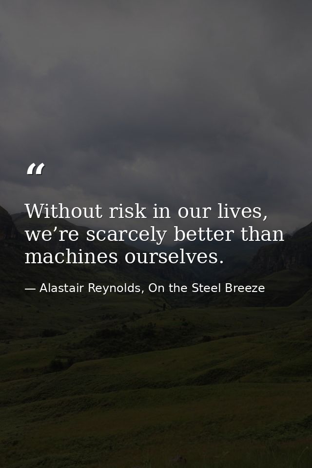Without risk in our lives, we’re scarcely better than machines ourselves. — Alastair Reynolds, On the Steel Breeze