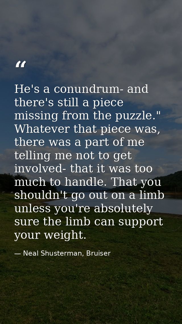 He's a conundrum- and there's still a piece missing from the puzzle." Whatever that piece was, there was a part of me te — Neal Shusterman, Bruiser