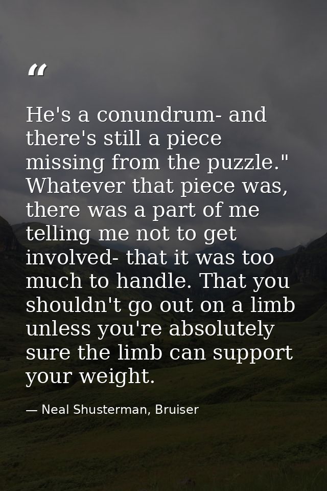 He's a conundrum- and there's still a piece missing from the puzzle." Whatever that piece was, there was a part of me te — Neal Shusterman, Bruiser
