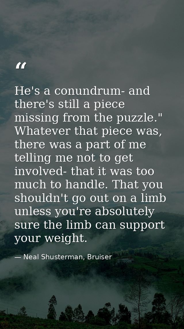 He's a conundrum- and there's still a piece missing from the puzzle." Whatever that piece was, there was a part of me te — Neal Shusterman, Bruiser