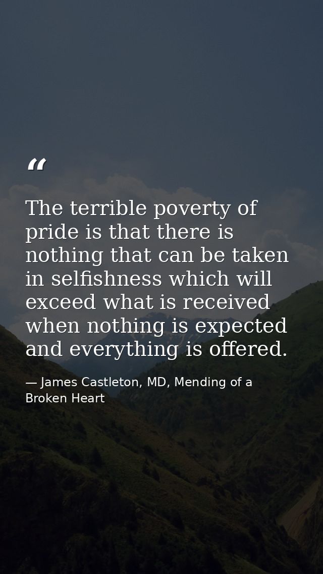 The terrible poverty of pride is that there is nothing that can be taken in selfishness which will exceed what is receiv — James Castleton, MD, Mending of a Broken Heart