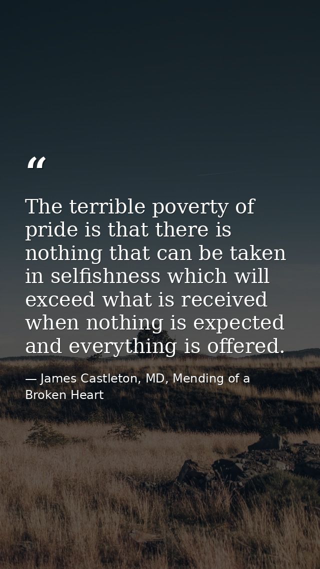 The terrible poverty of pride is that there is nothing that can be taken in selfishness which will exceed what is receiv — James Castleton, MD, Mending of a Broken Heart