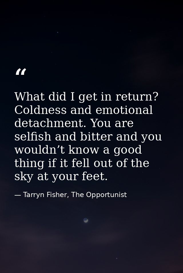 What did I get in return? Coldness and emotional detachment. You are selfish and bitter and you wouldn’t know a good thi — Tarryn Fisher, The Opportunist