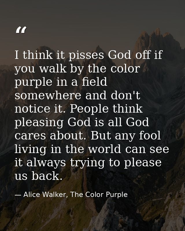 I think it pisses God off if you walk by the color purple in a field somewhere and don't notice it. People think pleasin — Alice Walker, The Color Purple