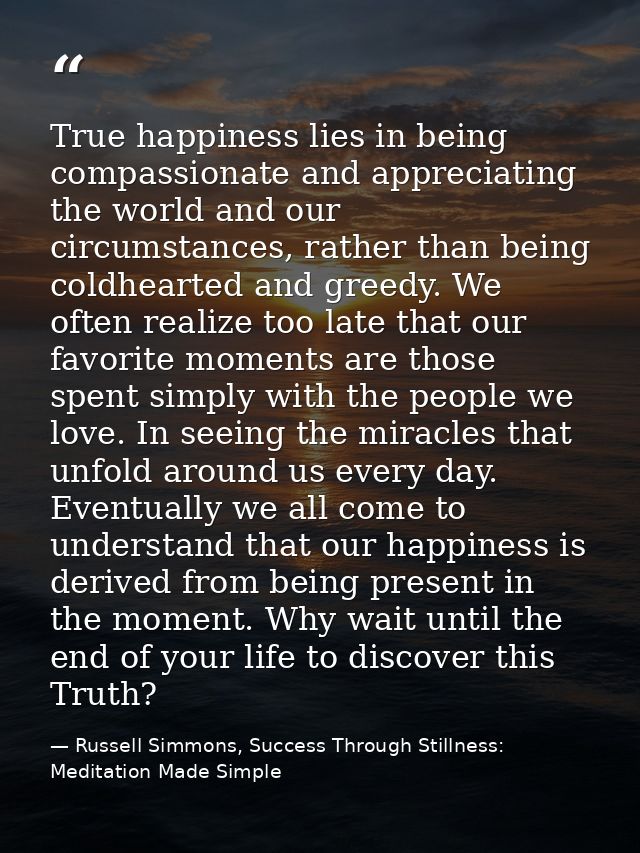 True happiness lies in being compassionate and appreciating the world and our circumstances, rather than being coldheart — Russell Simmons, Success Through Stillness: Meditation Made Simple