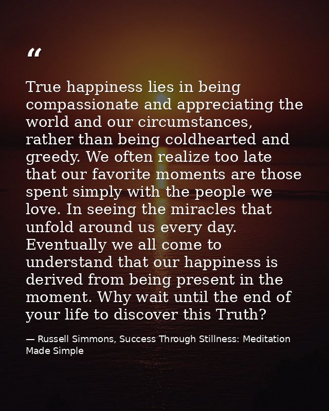 True happiness lies in being compassionate and appreciating the world and our circumstances, rather than being coldheart — Russell Simmons, Success Through Stillness: Meditation Made Simple