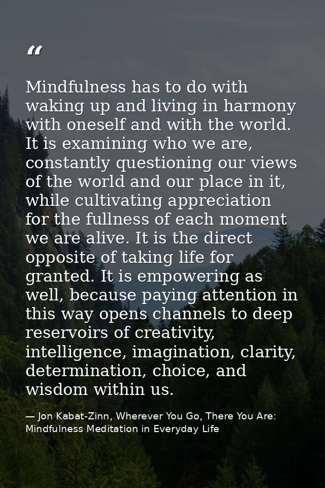 Mindfulness has to do with waking up and living in harmony with oneself and with the world. It is examining who we are,  — Jon Kabat-Zinn, Wherever You Go, There You Are: Mindfulness Meditation in Everyday Life