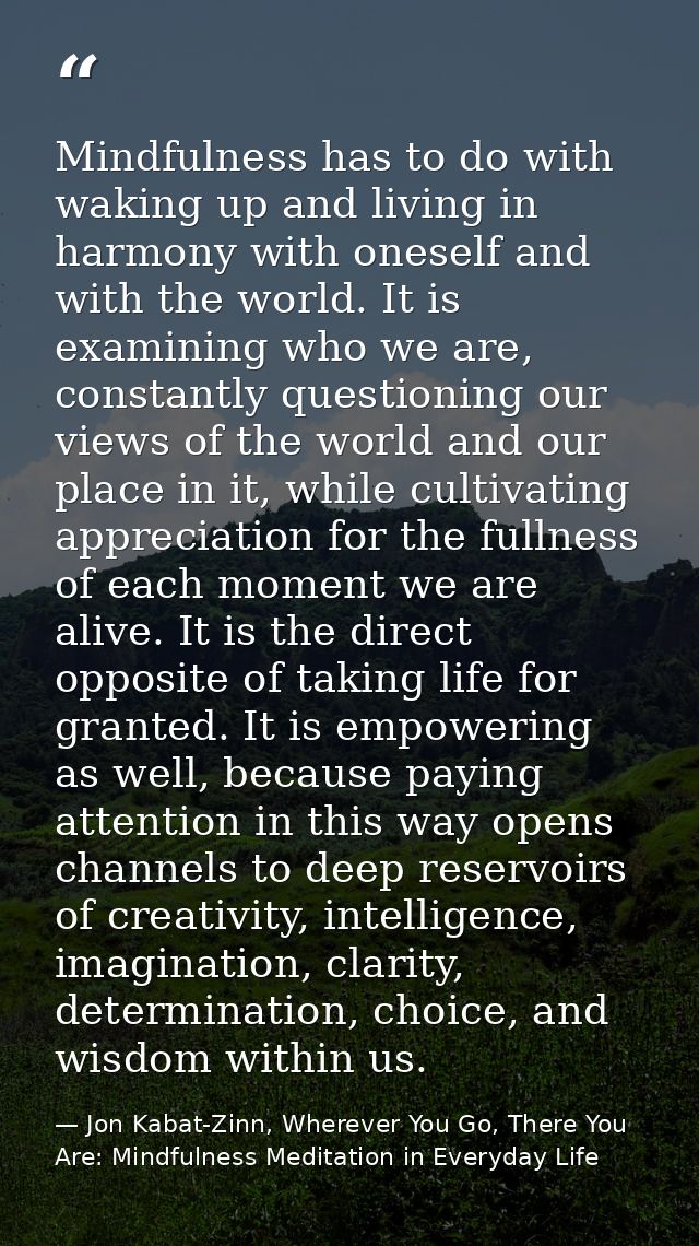 Mindfulness has to do with waking up and living in harmony with oneself and with the world. It is examining who we are,  — Jon Kabat-Zinn, Wherever You Go, There You Are: Mindfulness Meditation in Everyday Life