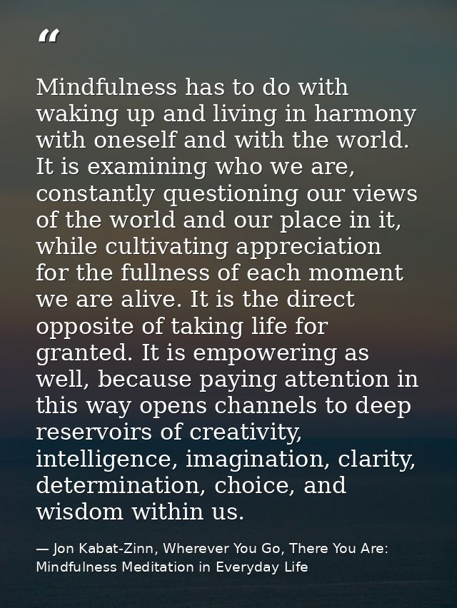Mindfulness has to do with waking up and living in harmony with oneself and with the world. It is examining who we are,  — Jon Kabat-Zinn, Wherever You Go, There You Are: Mindfulness Meditation in Everyday Life