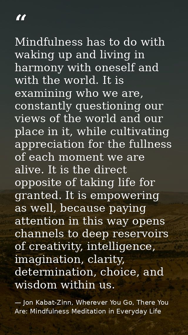 Mindfulness has to do with waking up and living in harmony with oneself and with the world. It is examining who we are,  — Jon Kabat-Zinn, Wherever You Go, There You Are: Mindfulness Meditation in Everyday Life