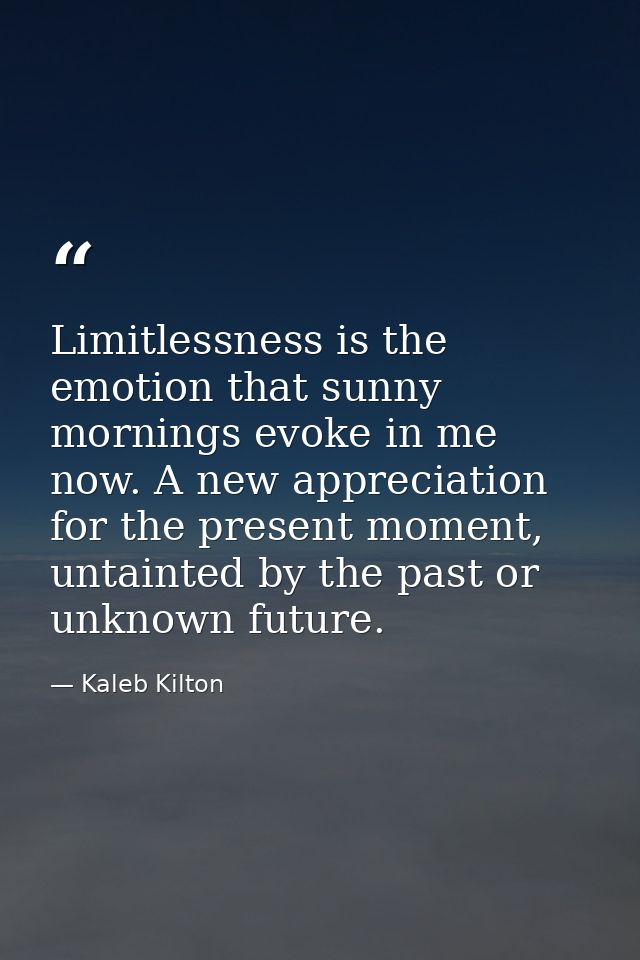 Limitlessness is the emotion that sunny mornings evoke in me now. A new appreciation for the present moment, untainted b — Kaleb Kilton
