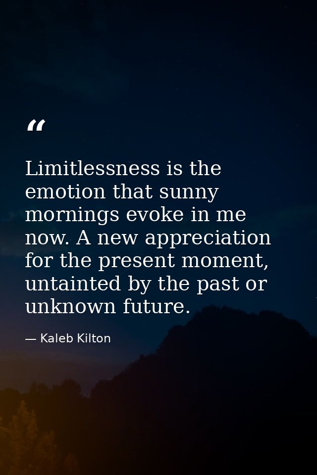 Limitlessness is the emotion that sunny mornings evoke in me now. A new appreciation for the present moment, untainted b — Kaleb Kilton