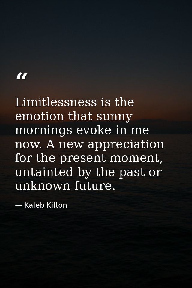 Limitlessness is the emotion that sunny mornings evoke in me now. A new appreciation for the present moment, untainted b — Kaleb Kilton