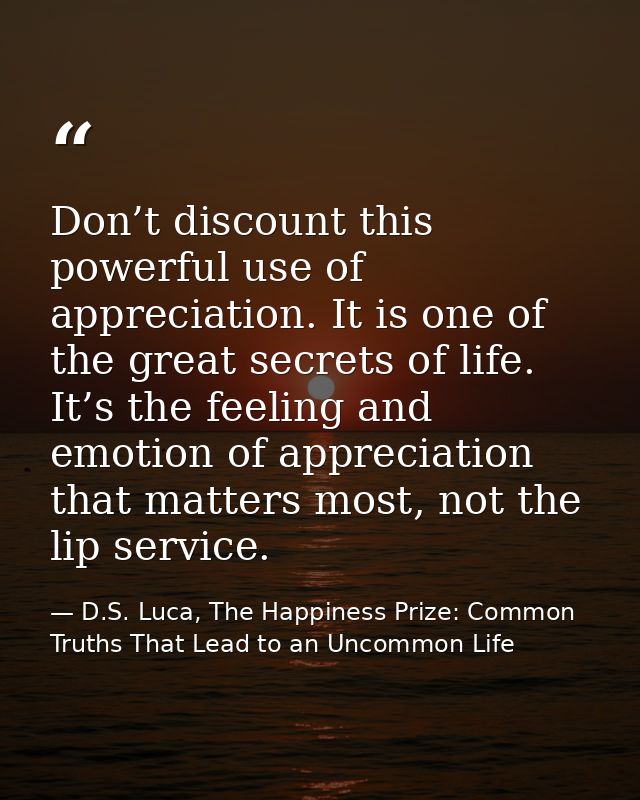 Don’t discount this powerful use of appreciation. It is one of the great secrets of life. It’s the feeling and emotion o — D.S. Luca, The Happiness Prize: Common Truths That Lead to an Uncommon Life
