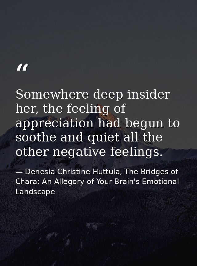 Somewhere deep insider her, the feeling of appreciation had begun to soothe and quiet all the other negative feelings. — Denesia Christine Huttula, The Bridges of Chara: An Allegory of Your Brain's Emotional Landscape