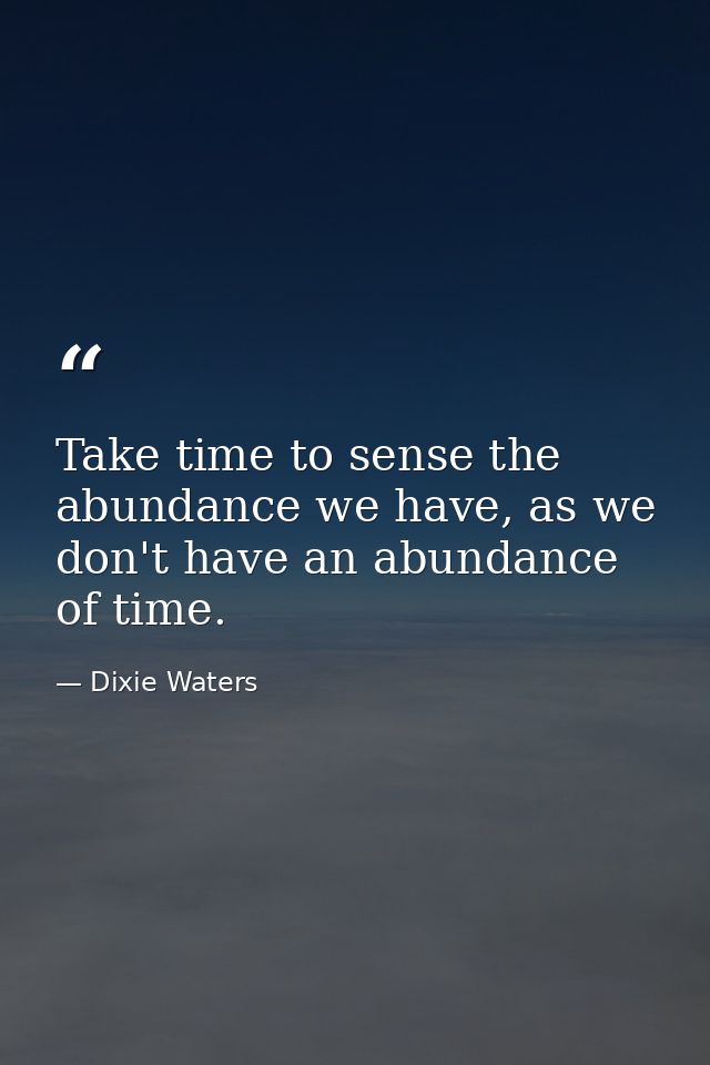 Take time to sense the abundance we have, as we don't have an abundance of time. — Dixie Waters