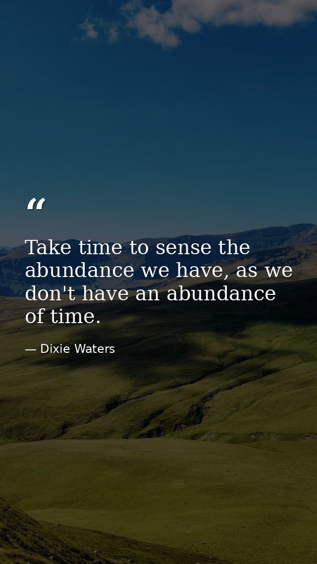 Take time to sense the abundance we have, as we don't have an abundance of time. — Dixie Waters