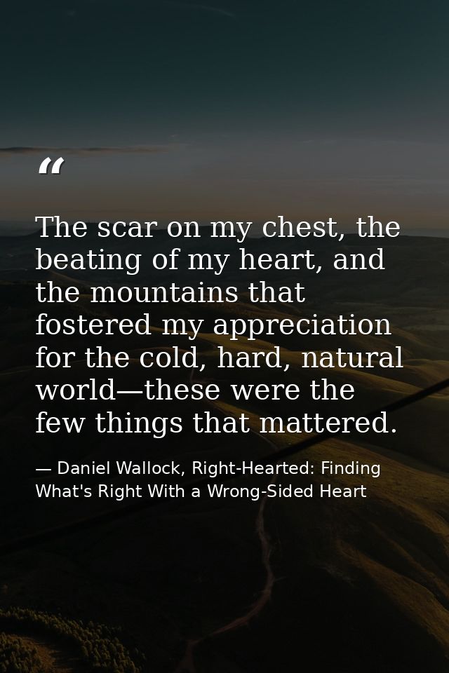 The scar on my chest, the beating of my heart, and the mountains that fostered my appreciation for the cold, hard, natur — Daniel Wallock, Right-Hearted: Finding What's Right With a Wrong-Sided Heart