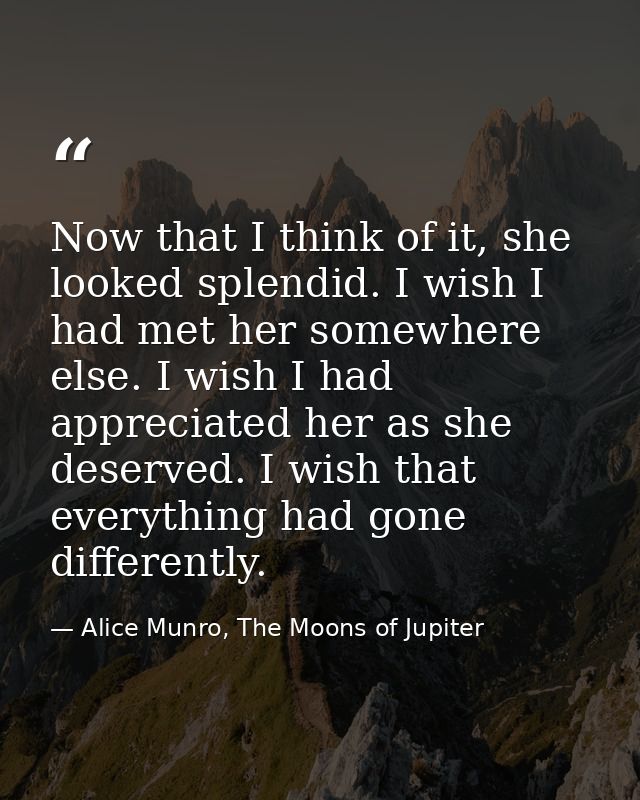 Now that I think of it, she looked splendid. I wish I had met her somewhere else. I wish I had appreciated her as she de — Alice Munro, The Moons of Jupiter