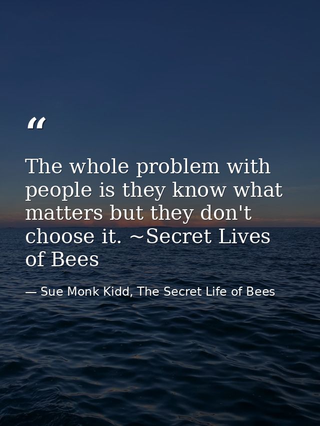 The whole problem with people is they know what matters but they don't choose it. ~Secret Lives of Bees — Sue Monk Kidd, The Secret Life of Bees