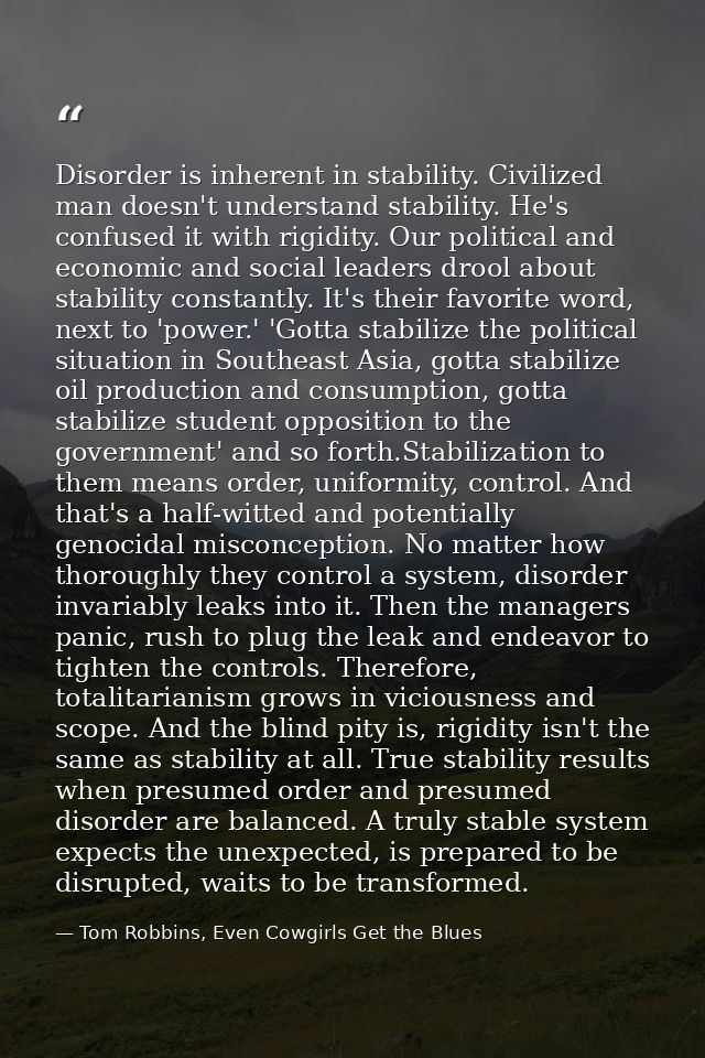 Disorder is inherent in stability. Civilized man doesn't understand stability. He's confused it with rigidity. Our polit — Tom Robbins, Even Cowgirls Get the Blues