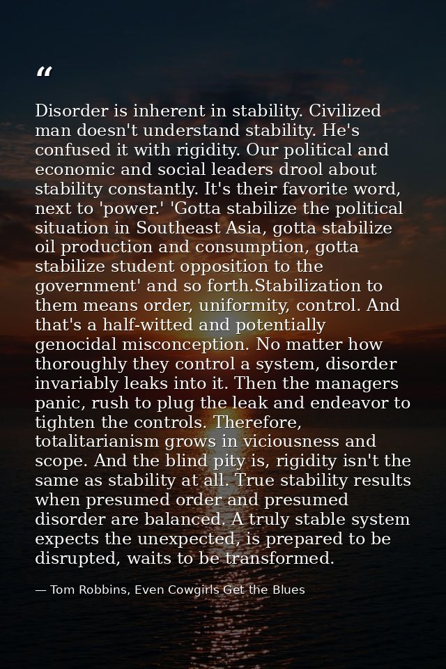 Disorder is inherent in stability. Civilized man doesn't understand stability. He's confused it with rigidity. Our polit — Tom Robbins, Even Cowgirls Get the Blues