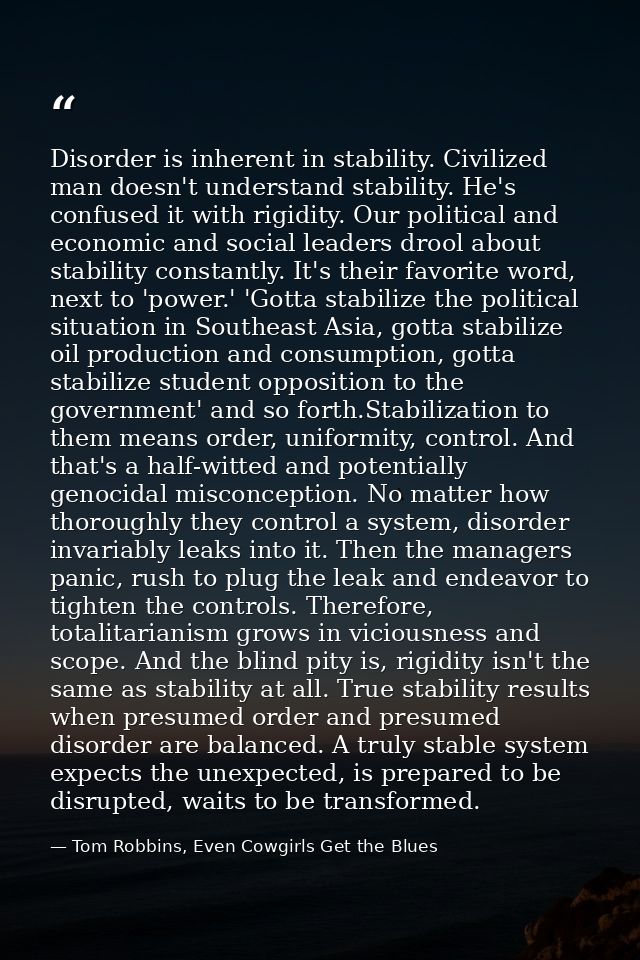 Disorder is inherent in stability. Civilized man doesn't understand stability. He's confused it with rigidity. Our polit — Tom Robbins, Even Cowgirls Get the Blues
