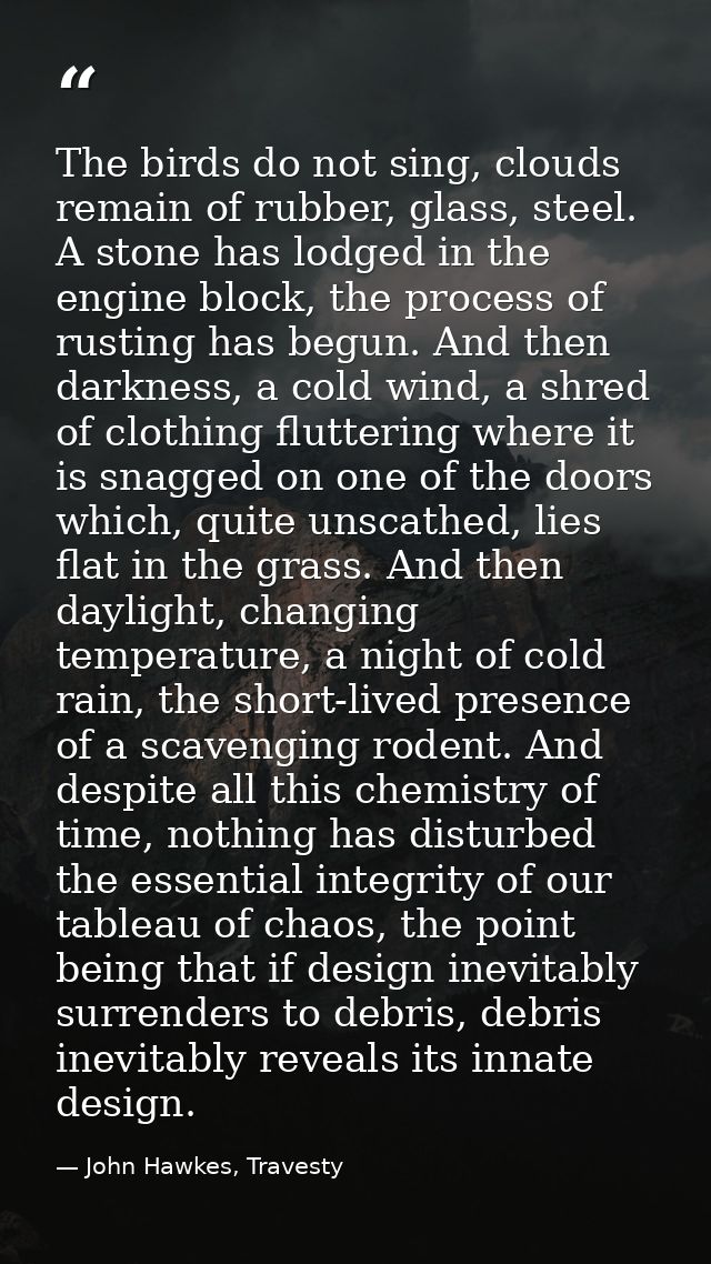 The birds do not sing, clouds remain of rubber, glass, steel. A stone has lodged in the engine block, the process of rus — John Hawkes, Travesty