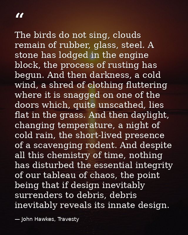 The birds do not sing, clouds remain of rubber, glass, steel. A stone has lodged in the engine block, the process of rus — John Hawkes, Travesty