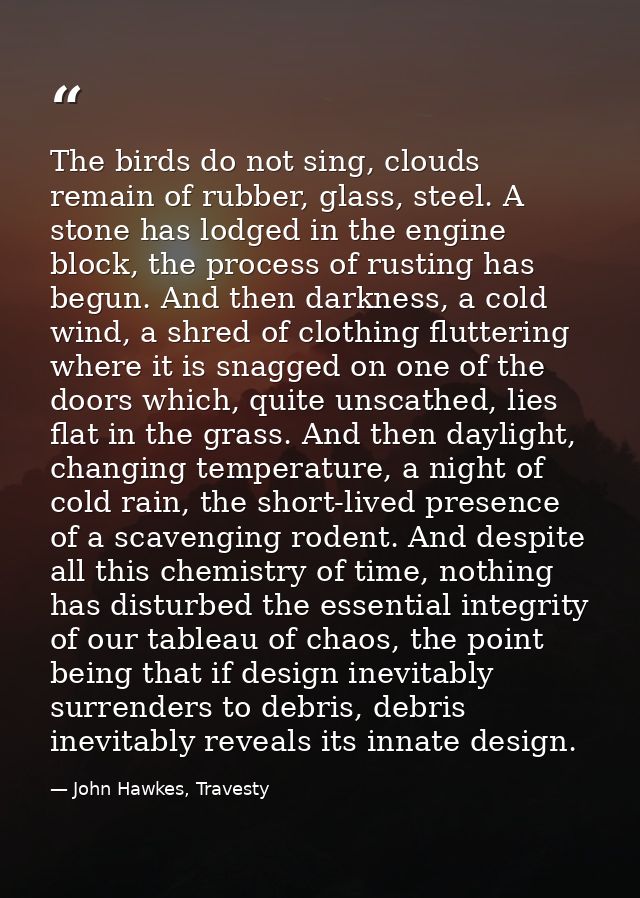 The birds do not sing, clouds remain of rubber, glass, steel. A stone has lodged in the engine block, the process of rus — John Hawkes, Travesty